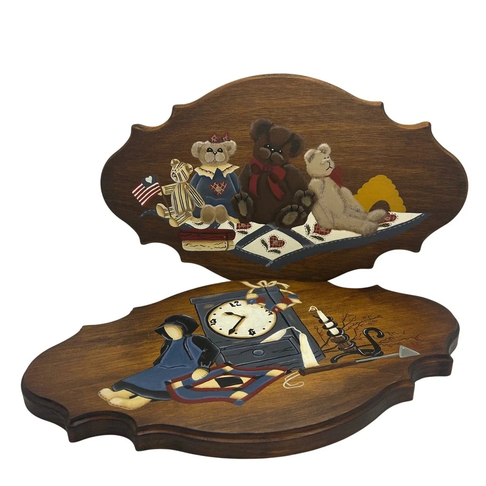 Cottagecore Nursery Hand Painted Wood Wall Plaques Teddy Bears Colonial 2pc
